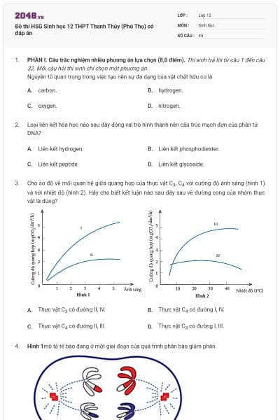 Đề thi HSG Sinh học 12 THPT Thanh Thủy (Phú Thọ) có đáp án