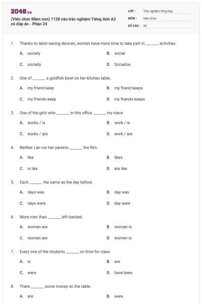 (Viên chức Mầm non) 1128 câu trắc nghiệm Tiếng Anh A2 có đáp án - Phần 24