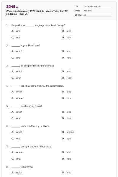 (Viên chức Mầm non) 1128 câu trắc nghiệm Tiếng Anh A2 có đáp án - Phần 25