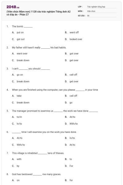 (Viên chức Mầm non) 1128 câu trắc nghiệm Tiếng Anh A2 có đáp án - Phần 27