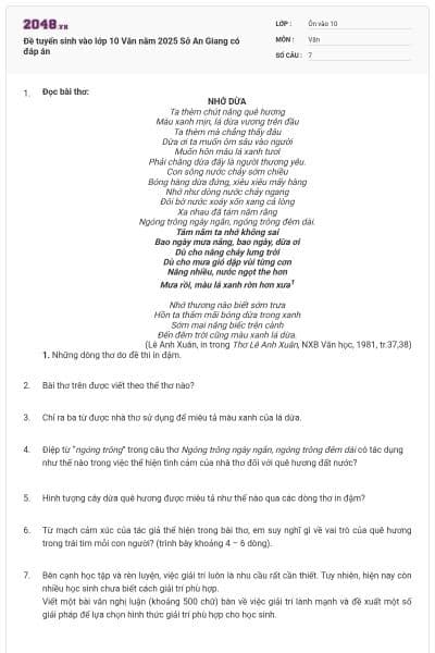 Đề tuyển sinh vào lớp 10 Văn năm 2025 Sở An Giang có đáp án