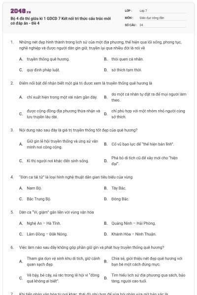 Bộ 4 đề thi giữa kì 1 GDCD 7 Kết nối tri thức cấu trúc mới có đáp án - Đề 4