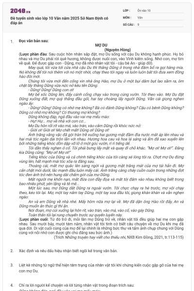 Đề tuyển sinh vào lớp 10 Văn năm 2025 Sở Nam Định có đáp án