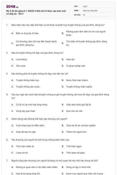 Bộ 4 đề thi giữa kì 1 GDCD 6 Kết nối tri thức cấu trúc mới có đáp án - Đề 3
