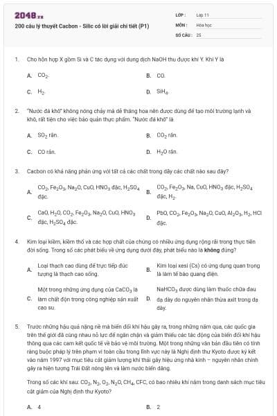 200 câu lý thuyết Cacbon - Silic có lời giải chi tiết (P1)