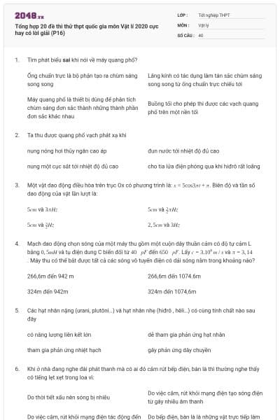 Tổng hợp 20 đề thi thử thpt quốc gia môn Vật lí 2020 cực hay có lời giải (P16)