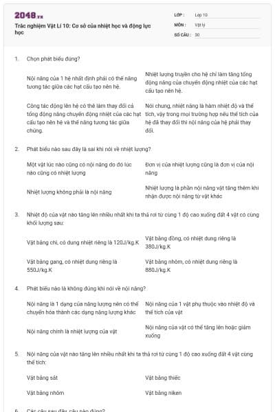 Trắc nghiệm Vật Lí 10: Cơ sở của nhiệt học và động lực học