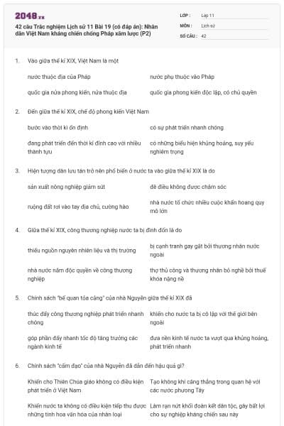 42 câu  Trắc nghiệm Lịch sử 11 Bài 19 (có đáp án): Nhân dân Việt Nam kháng chiến chống Pháp xâm lược (P2)