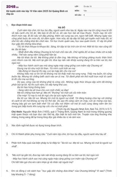 Đề tuyển sinh vào lớp 10 Văn năm 2025 Sở Quảng Bình có đáp án