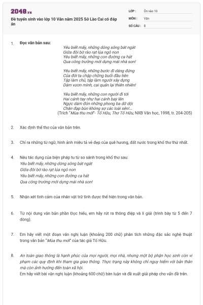 Đề tuyển sinh vào lớp 10 Văn năm 2025 Sở Lào Cai có đáp án