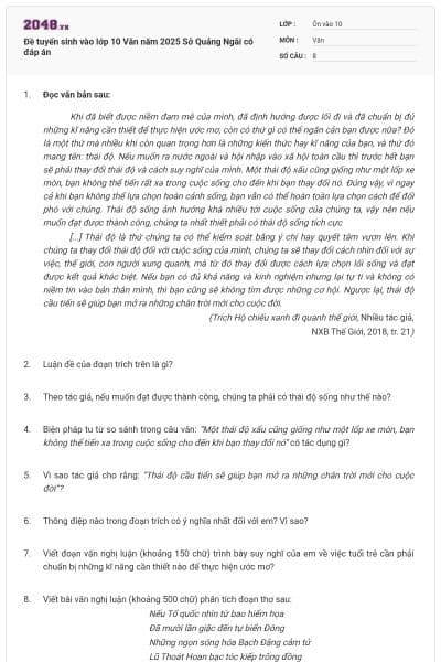 Đề tuyển sinh vào lớp 10 Văn năm 2025 Sở Quảng Ngãi có đáp án