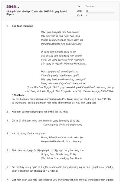 Đề tuyển sinh vào lớp 10 Văn năm 2025 Sở Lạng Sơn có đáp án