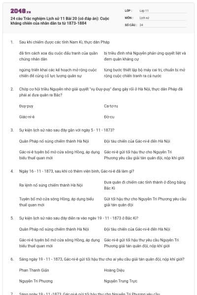 24 câu Trắc nghiệm Lịch sử 11 Bài 20 (có đáp án): Cuộc kháng chiến của nhân dân ta từ 1873-1884