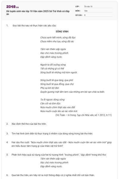 Đề tuyển sinh vào lớp 10 Văn năm 2025 Sở Trà Vinh có đáp án