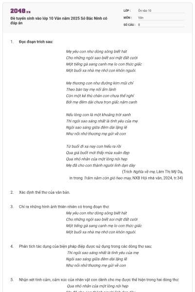 Đề tuyển sinh vào lớp 10 Văn năm 2025 Sở Bắc Ninh có đáp án