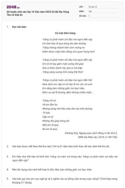 Đề tuyển sinh vào lớp 10 Văn năm 2025 Sở Bà Rịa Vũng Tàu có đáp án