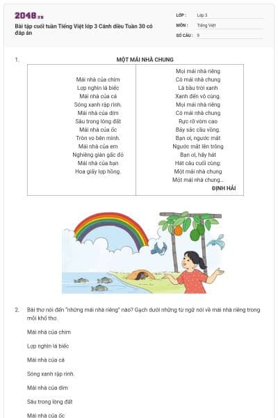 Bài tập cuối tuần Tiếng Việt lớp 3 Cánh diều Tuần 30 có đáp án