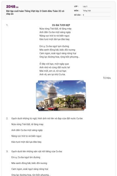 Bài tập cuối tuần Tiếng Việt lớp 3 Cánh diều Tuần 32 có đáp án