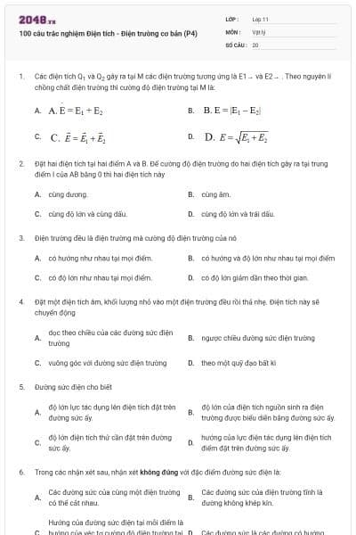100 câu trắc nghiệm Điện tích - Điện trường cơ bản (P4)