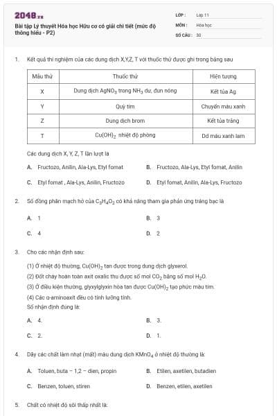Bài tập Lý thuyết Hóa học Hữu cơ có giải chi tiết (mức độ thông hiểu - P2)