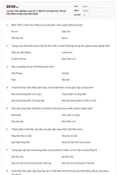 14 câu  Trắc nghiệm Lịch sử 11 Bài 22 (có đáp án): Xã hội Việt Nam trong cuộc khai thác