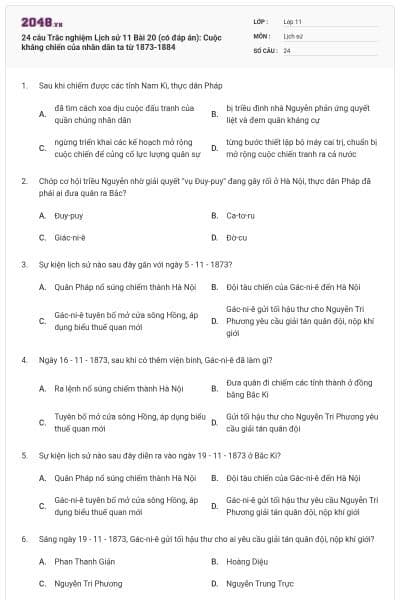 24 câu Trắc nghiệm Lịch sử 11 Bài 20 (có đáp án): Cuộc kháng chiến của nhân dân ta từ 1873-1884