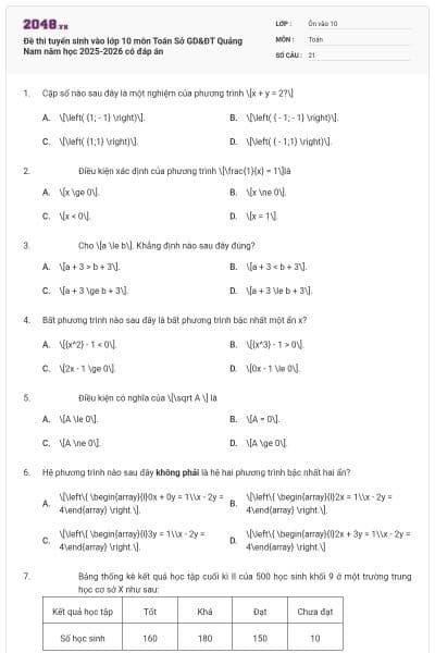 Đề thi tuyển sinh vào lớp 10 môn Toán Sở GD&ĐT Quảng Nam năm học 2025-2026 có đáp án