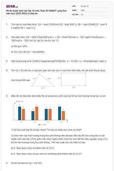 Đề thi tuyển sinh vào lớp 10 môn Toán Sở GD&ĐT Lạng Sơn năm học 2025-2026 có đáp án