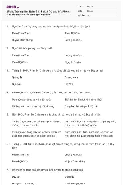25 câu Trắc nghiệm Lịch sử 11 Bài 23 (có đáp án): Phong trào yêu nước và cách mạng ở Việt Nam