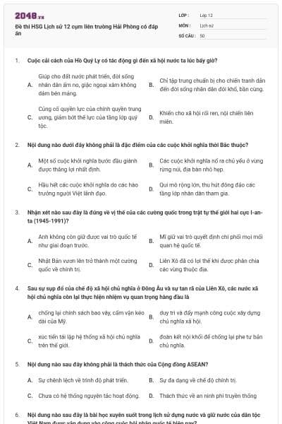 Đề thi HSG Lịch sử 12 cụm liên trường Hải Phòng có đáp án