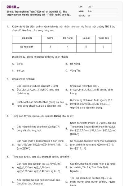 20 câu Trắc nghiệm Toán 7 Kết nối tri thức Bài 17. Thu thập và phân loại dữ liệu (Đúng sai - Trả lời ngắn) có đáp án