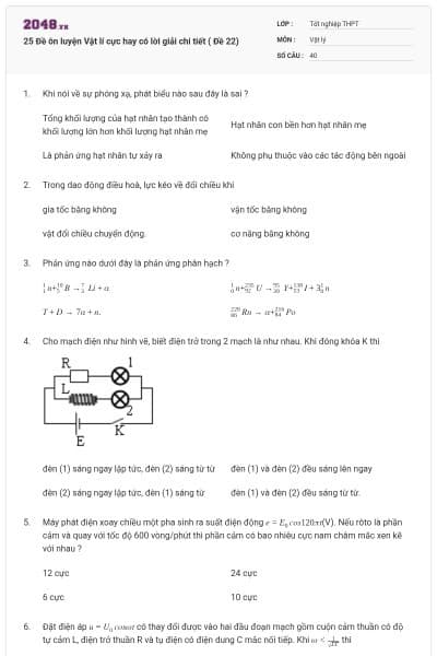 25 Đề ôn luyện Vật lí cực hay có lời giải chi tiết ( Đề 22)