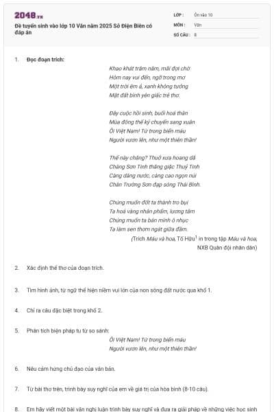 Đề tuyển sinh vào lớp 10 Văn năm 2025 Sở Điện Biên có đáp án