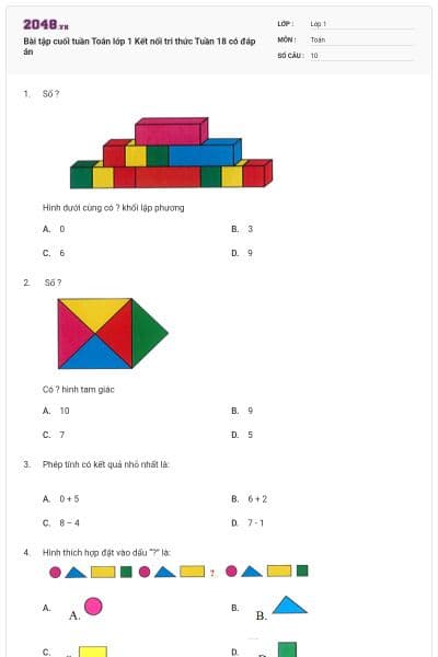 Bài tập cuối tuần Toán lớp 1 Kết nối tri thức Tuần 18 có đáp án