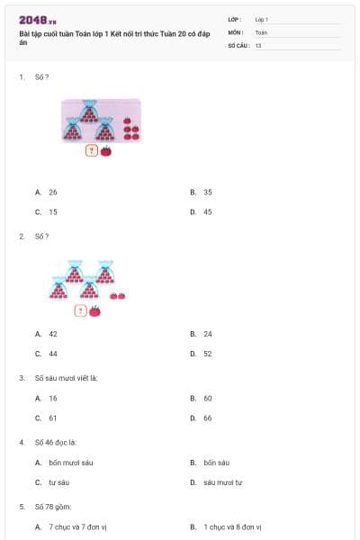 Bài tập cuối tuần Toán lớp 1 Kết nối tri thức Tuần 20 có đáp án