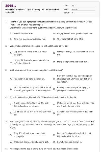 Đề thi HSG Sinh học 12 Cụm 7 Trường THPT Sở Thanh Hóa có đáp án