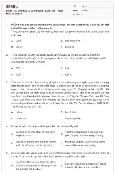 Đề thi HSG Sinh học 12 Cụm trường Hoằng Hóa (Thanh Hóa) có đáp án