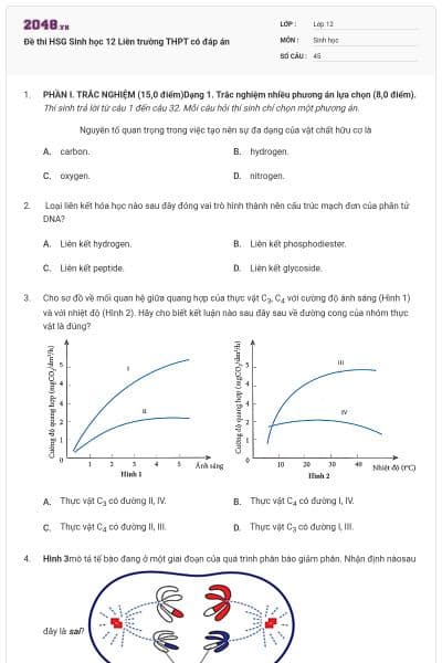 Đề thi HSG Sinh học 12 Liên trường THPT có đáp án