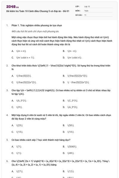 Đề kiểm tra Toán 10 Cánh diều Chương 5 có đáp án - Đề 01
