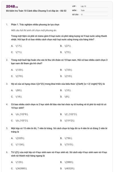 Đề kiểm tra Toán 10 Cánh diều Chương 5 có đáp án - Đề 02