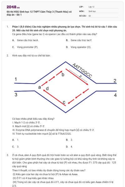 Đề thi HSG Sinh học 12 THPT Cẩm Thủy 3 (Thanh Hóa) có đáp án - Đề 1