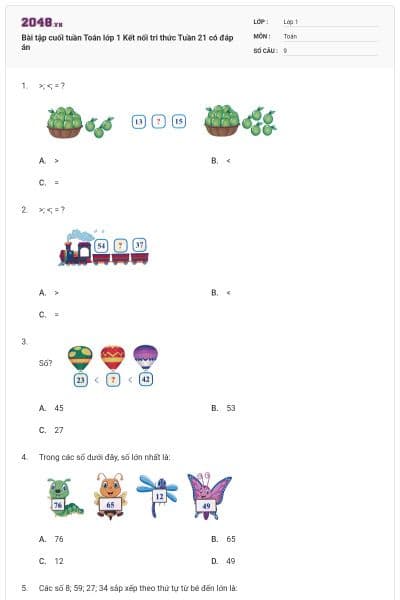 Bài tập cuối tuần Toán lớp 1 Kết nối tri thức Tuần 21 có đáp án