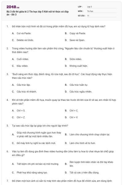 Bộ 3 đề thi giữa kì 2 Tin học lớp 5 Kết nối tri thức có đáp án - Đề 3