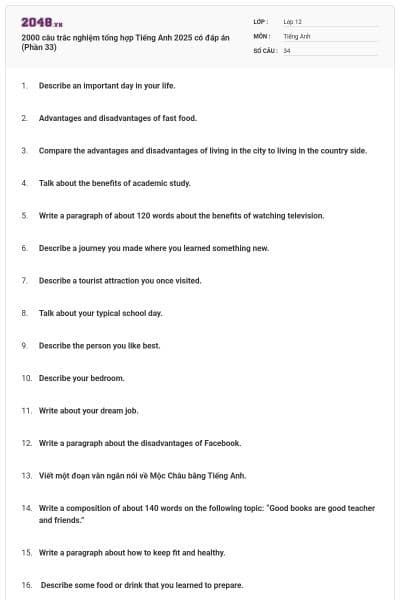 2000 câu trắc nghiệm tổng hợp Tiếng Anh 2025 có đáp án (Phần 33)