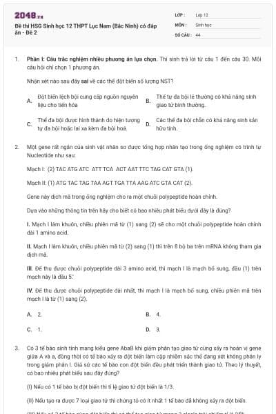 Đề thi HSG Sinh học 12 THPT Lục Nam (Bắc Ninh) có đáp án - Đề 2