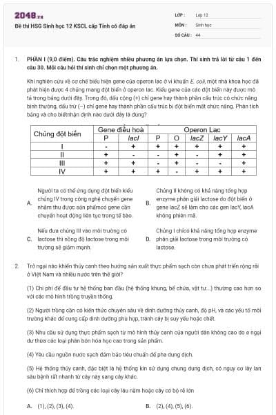 Đề thi HSG Sinh học 12 KSCL cấp Tỉnh có đáp án