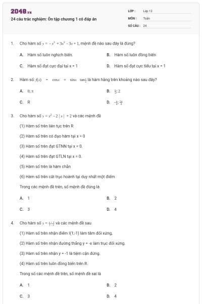 24 câu trắc nghiệm: Ôn tập chương 1 có đáp án