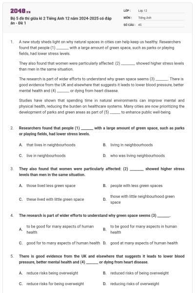 Bộ 5 đề thi giữa kì 2 Tiếng Anh 12 năm 2024-2025 có đáp án - Đề 1