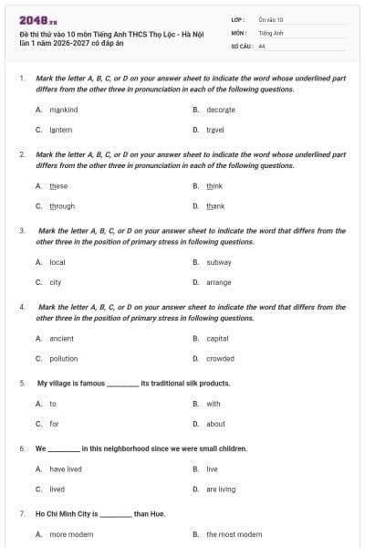 Đề thi thử vào 10 môn Tiếng Anh THCS Thọ Lộc - Hà Nội lần 1 năm 2026-2027 có đáp án