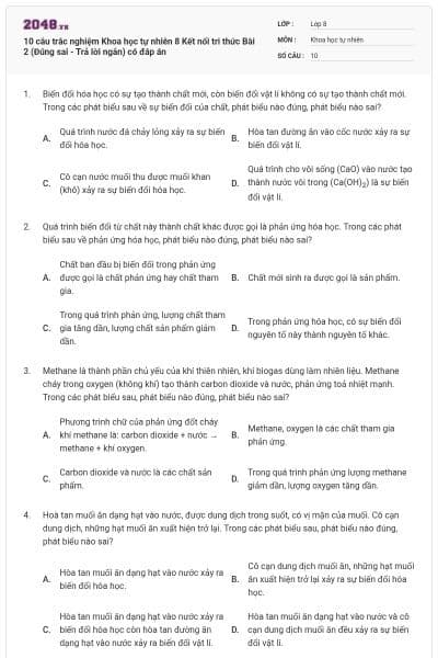10 câu trắc nghiệm Khoa học tự nhiên 8 Kết nối tri thức Bài 2 (Đúng sai - Trả lời ngắn) có đáp án